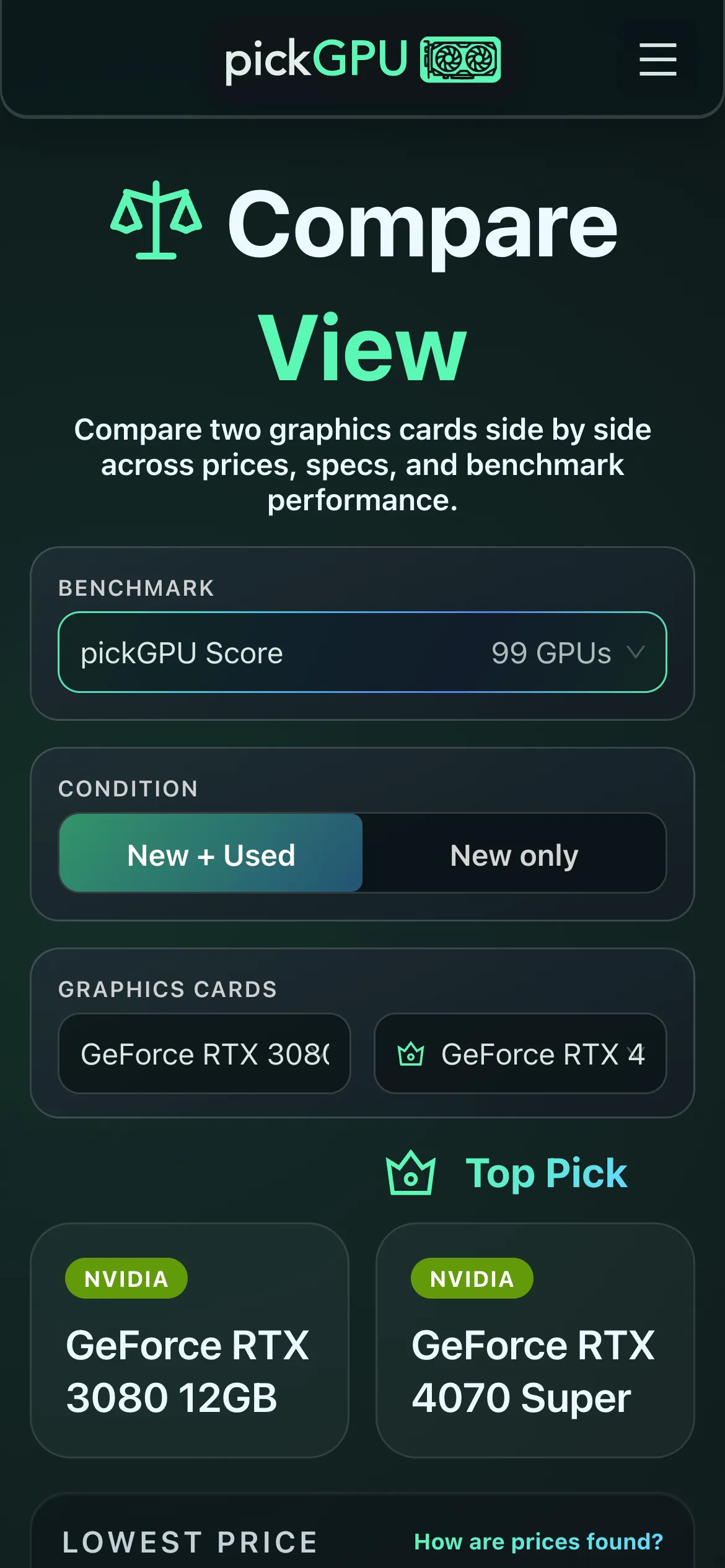 The current mobile compare view
